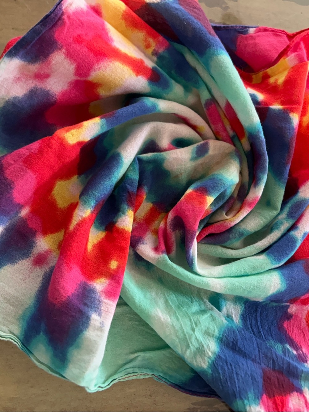 Tie-Dye Scarf in Aqua, Pink, Blue & Yellow hippie era approximately 19“ x 19“
